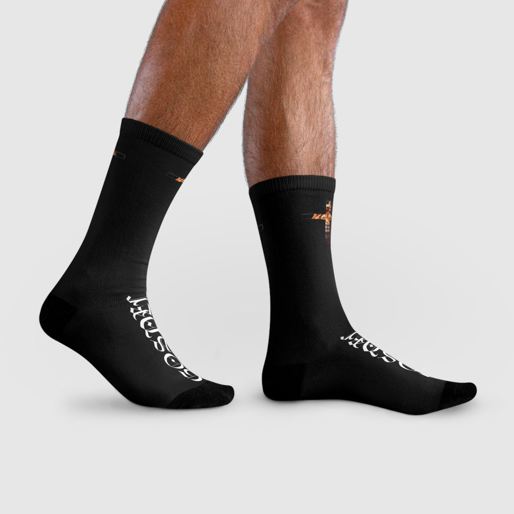 Gospel Cross Sublimation Crew Socks — Christian Faith Black Socks