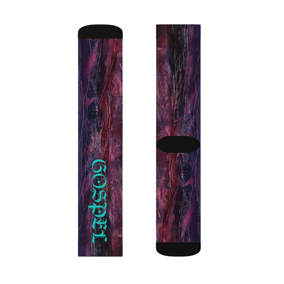 Abstract Nebula Sublimation Socks — Teal Script "Gospel" Crew Socks