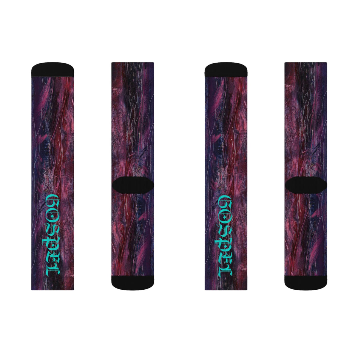Abstract Nebula Sublimation Socks — Teal Script "Gospel" Crew Socks