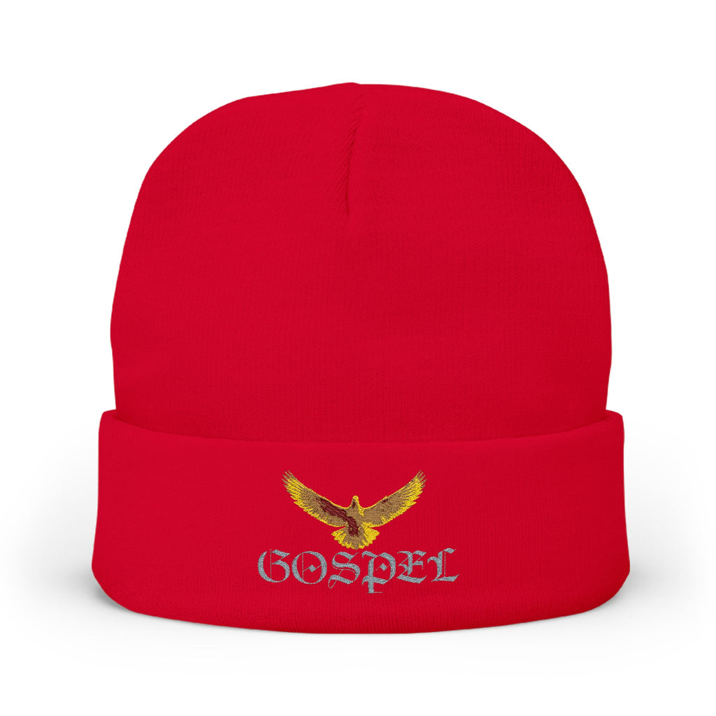Embroidered Gold Eagle Knit Beanie — Cozy Winter Hat with Metallic Bird Design