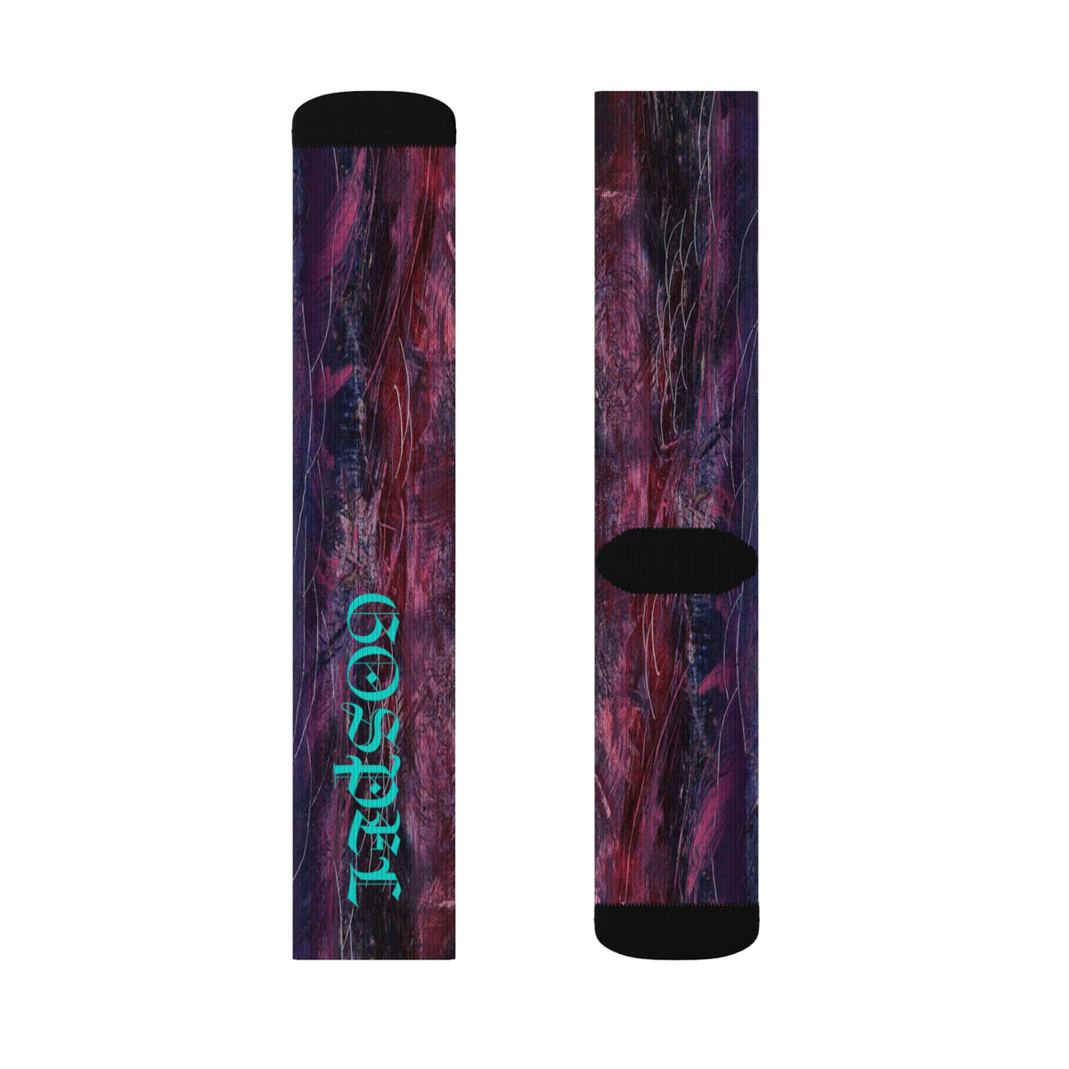 Abstract Nebula Sublimation Socks — Teal Script "Gospel" Crew Socks