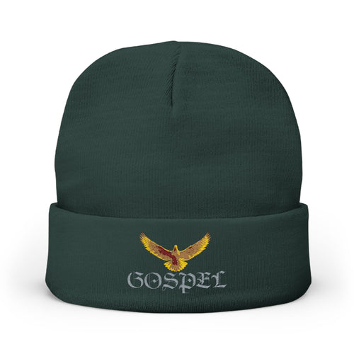 Embroidered Gold Eagle Knit Beanie — Cozy Winter Hat with Metallic Bird Design