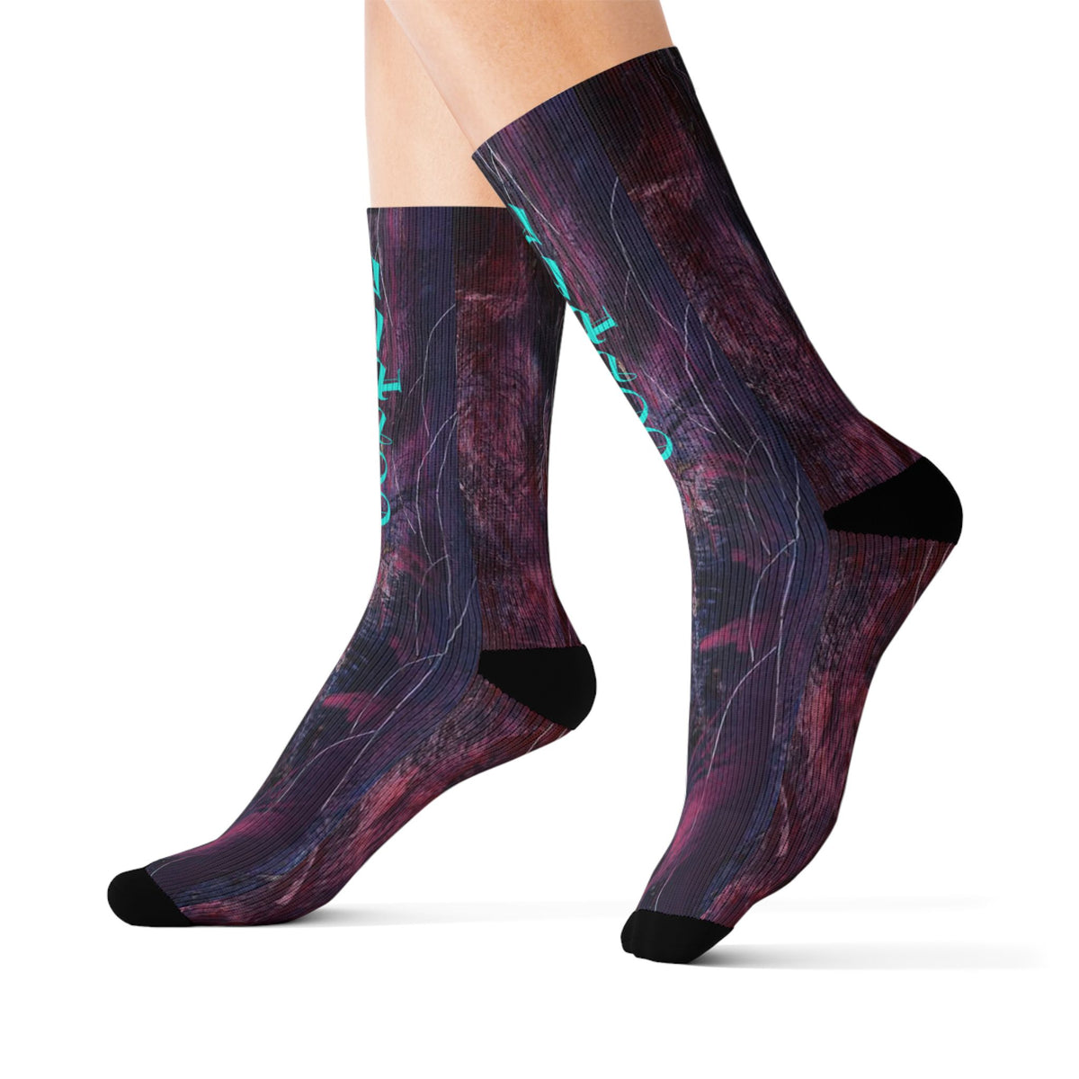 Abstract Nebula Sublimation Socks — Teal Script "Gospel" Crew Socks