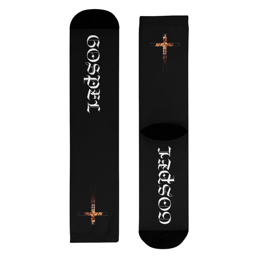 Gospel Cross Sublimation Crew Socks — Christian Faith Black Socks