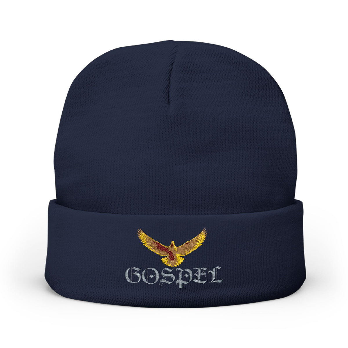 Embroidered Gold Eagle Knit Beanie — Cozy Winter Hat with Metallic Bird Design