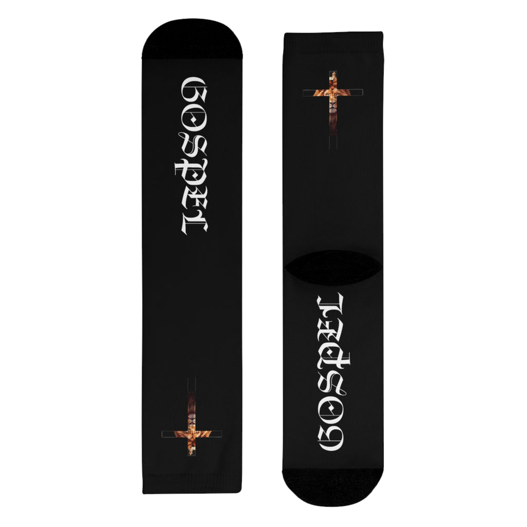 Gospel Cross Sublimation Crew Socks — Christian Faith Black Socks
