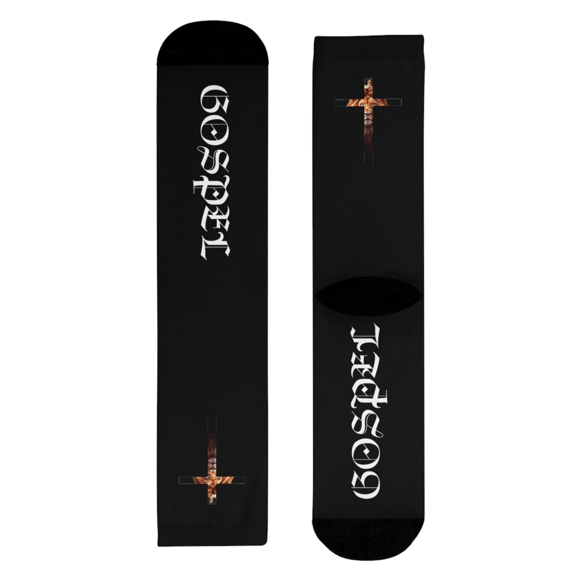 Gospel Cross Sublimation Crew Socks — Christian Faith Black Socks