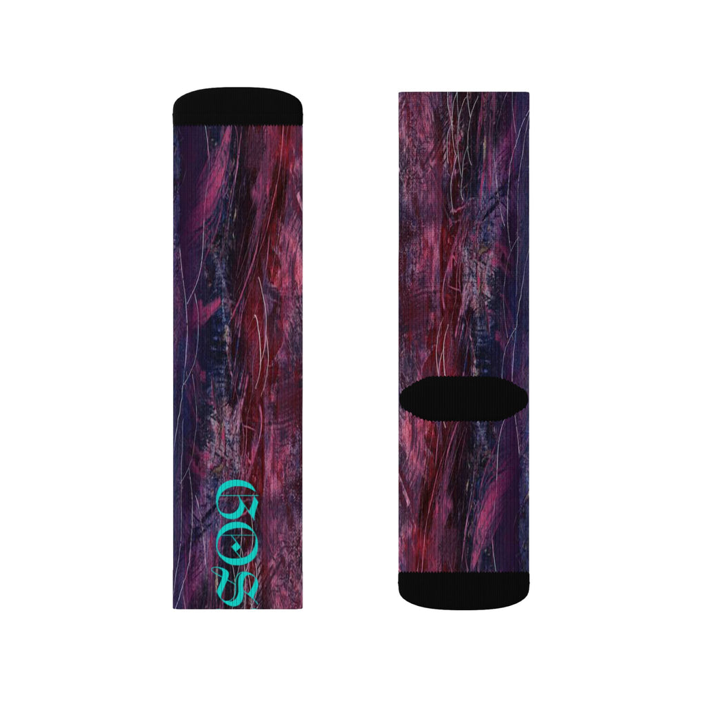 Abstract Nebula Sublimation Socks — Teal Script "Gospel" Crew Socks