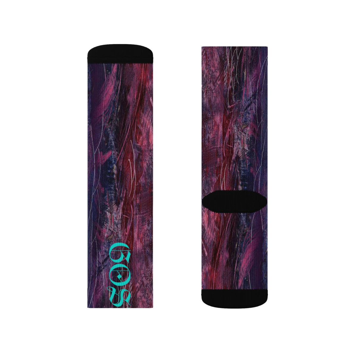 Abstract Nebula Sublimation Socks — Teal Script "Gospel" Crew Socks