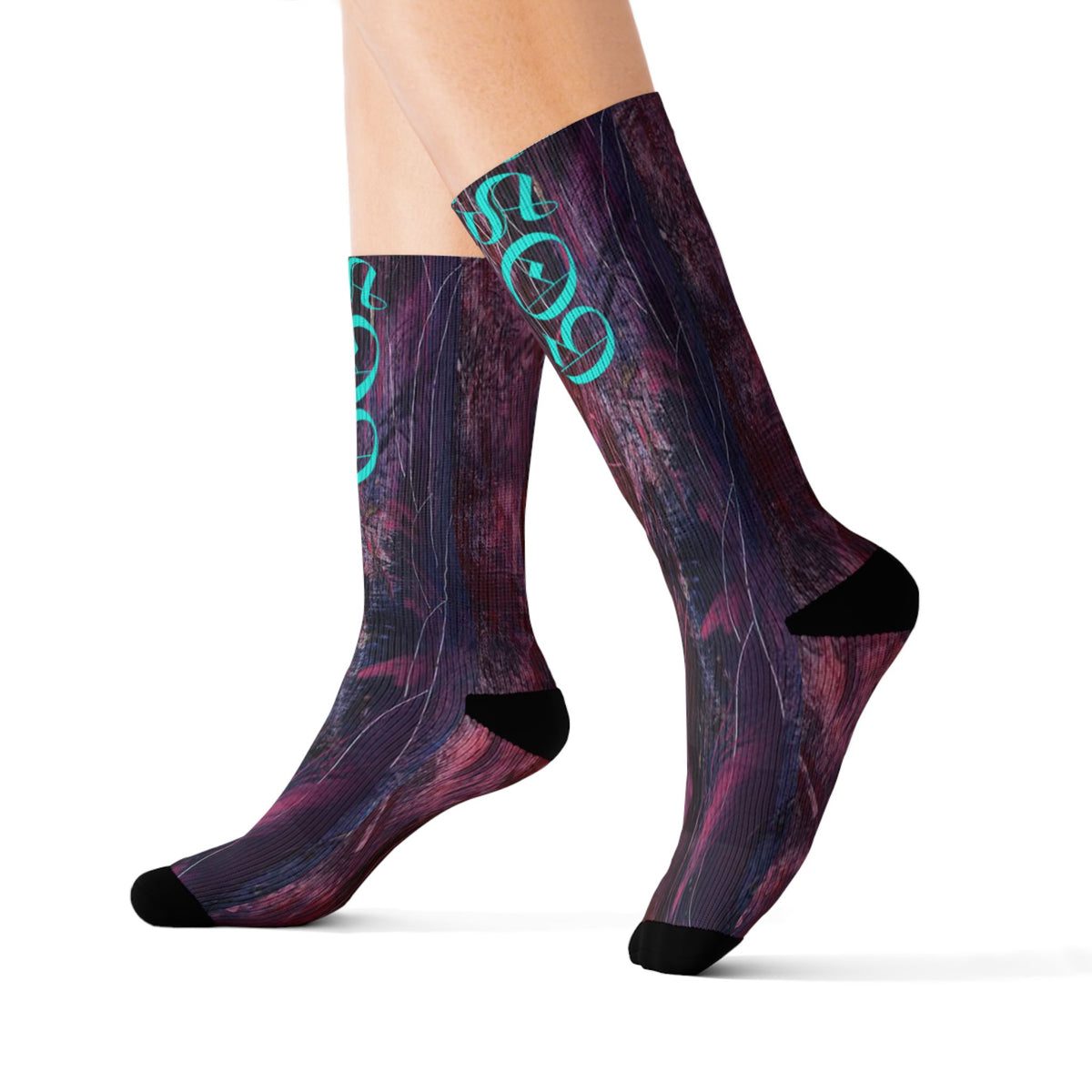 Abstract Nebula Sublimation Socks — Teal Script "Gospel" Crew Socks