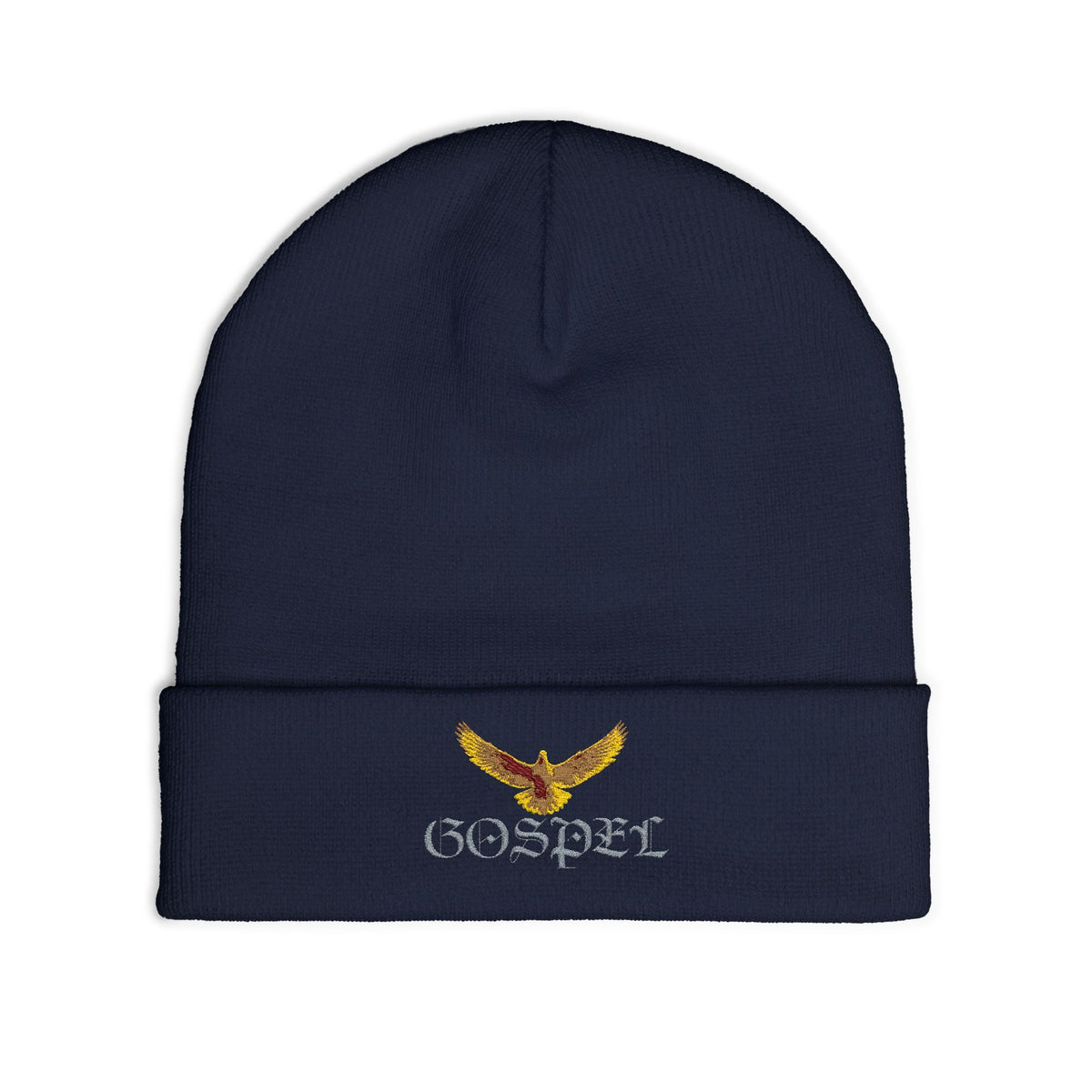 Embroidered Gold Eagle Knit Beanie — Cozy Winter Hat with Metallic Bird Design