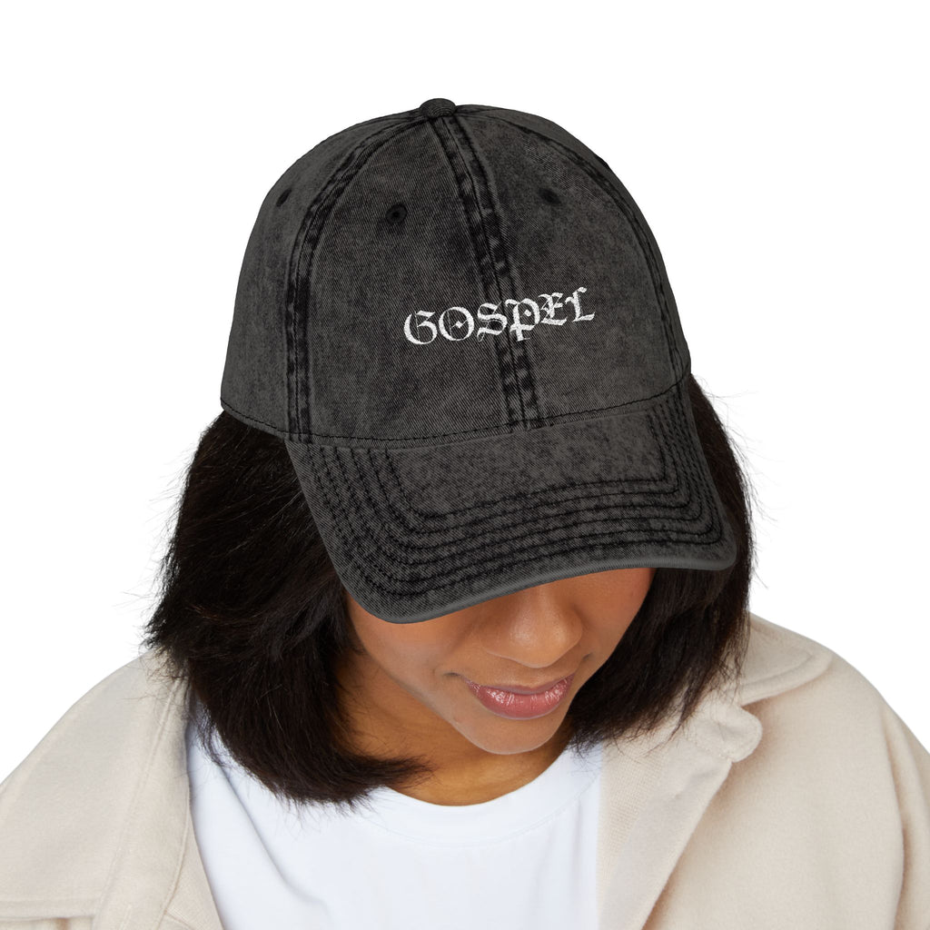 Vintage Embroidered 'Gospel' Cap – Distressed Grey Cotton Baseball Hat