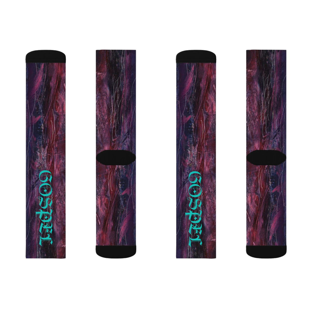 Abstract Nebula Sublimation Socks — Teal Script "Gospel" Crew Socks