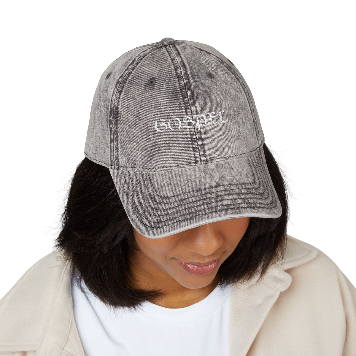 Vintage Embroidered 'Gospel' Cap – Distressed Grey Cotton Baseball Hat