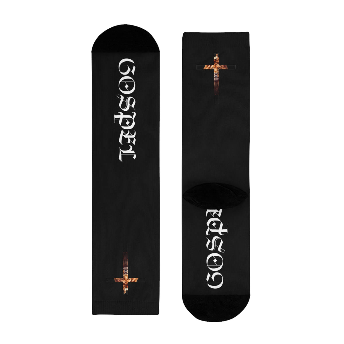 Gospel Cross Sublimation Crew Socks — Christian Faith Black Socks