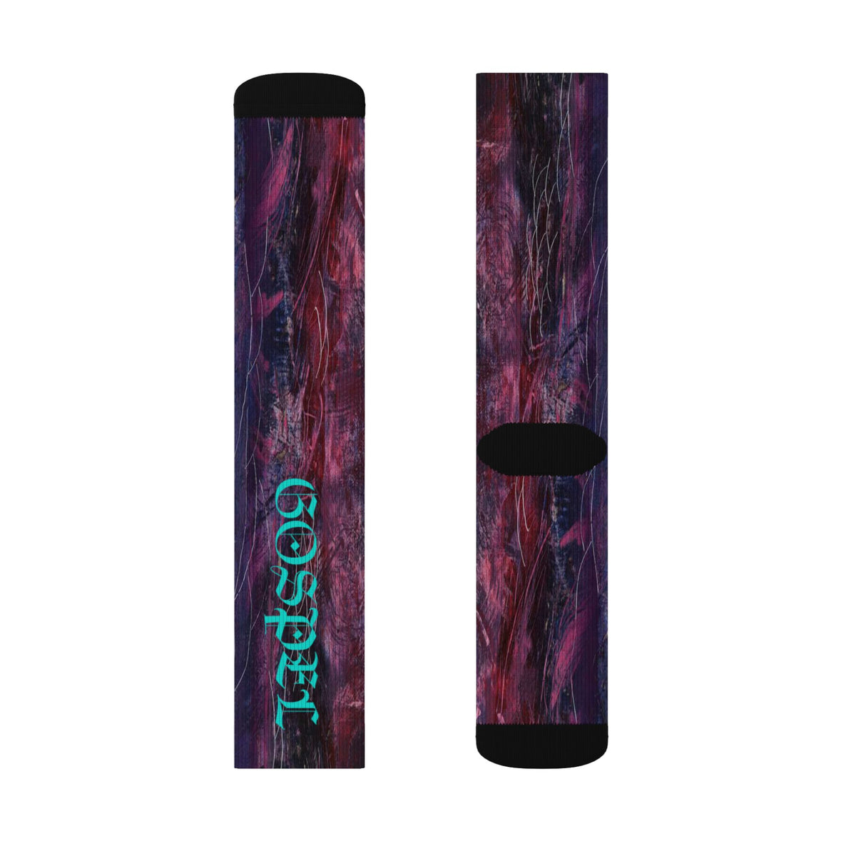 Abstract Nebula Sublimation Socks — Teal Script "Gospel" Crew Socks