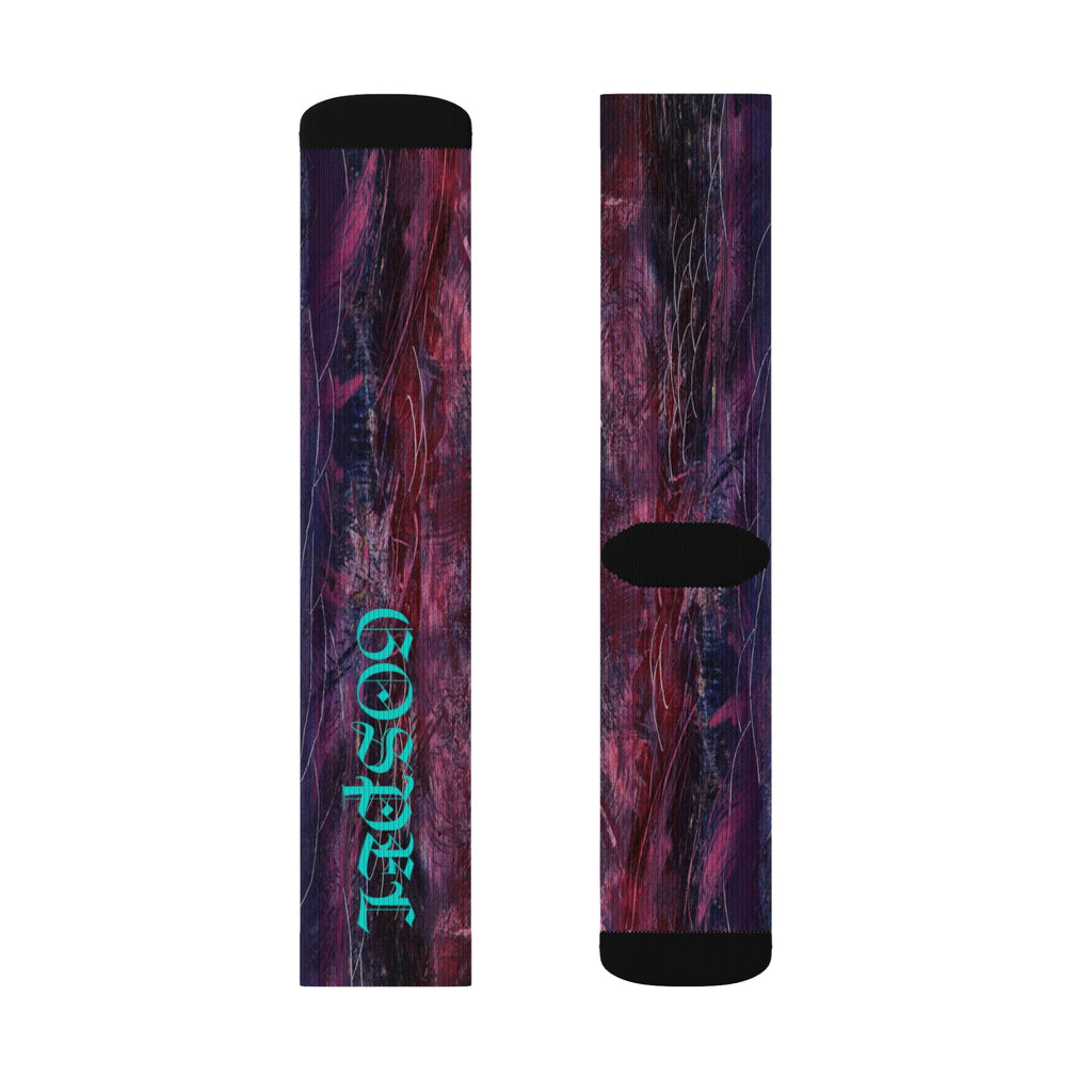 Abstract Nebula Sublimation Socks — Teal Script "Gospel" Crew Socks