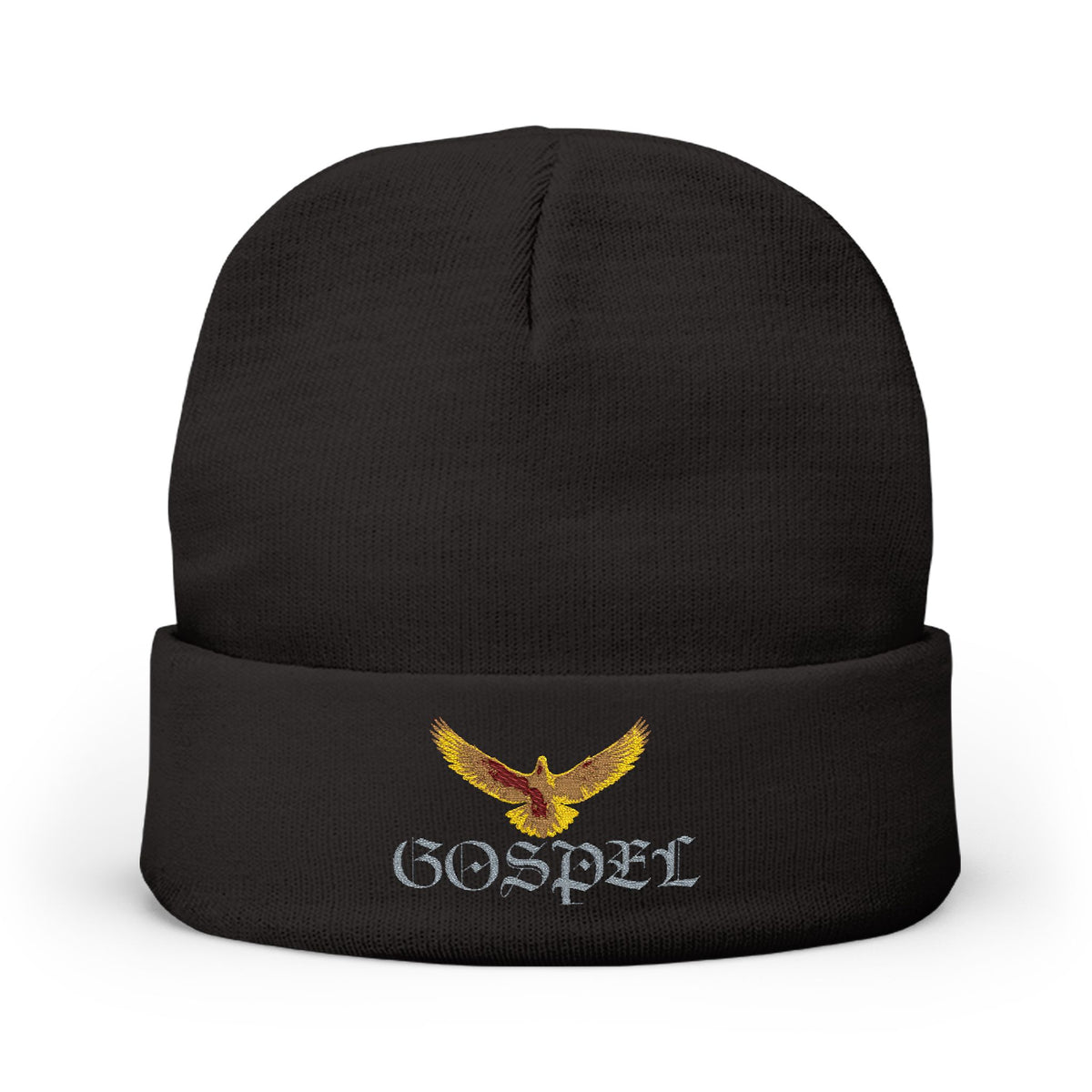 Embroidered Gold Eagle Knit Beanie — Cozy Winter Hat with Metallic Bird Design