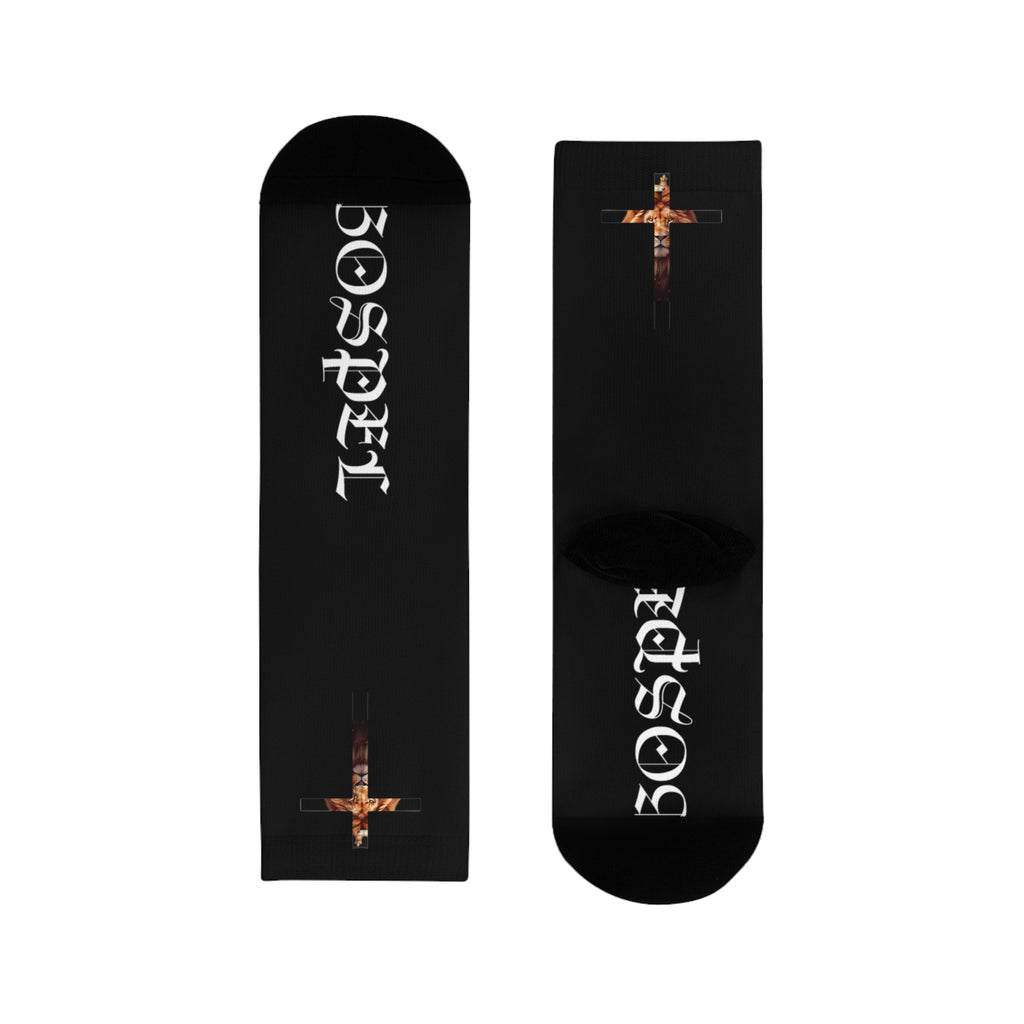 Gospel Cross Sublimation Crew Socks — Christian Faith Black Socks