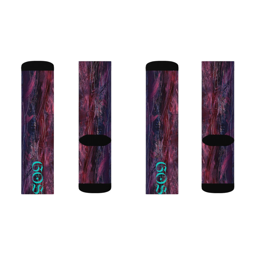 Abstract Nebula Sublimation Socks — Teal Script "Gospel" Crew Socks