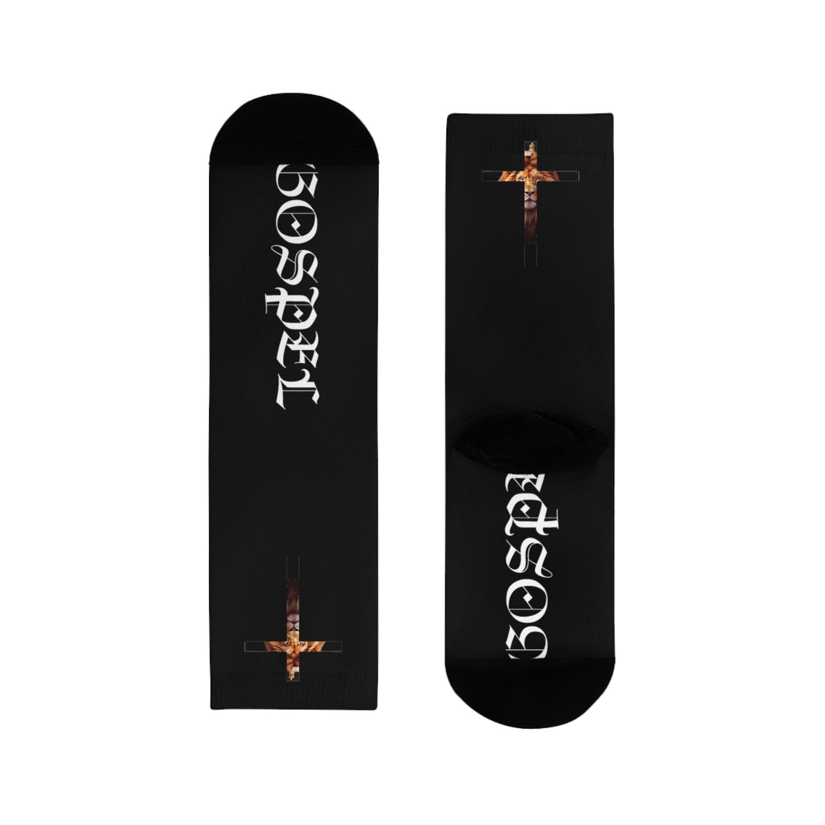 Gospel Cross Sublimation Crew Socks — Christian Faith Black Socks