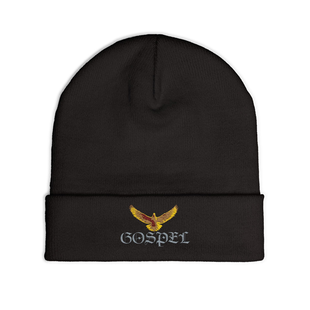 Embroidered Gold Eagle Knit Beanie — Cozy Winter Hat with Metallic Bird Design