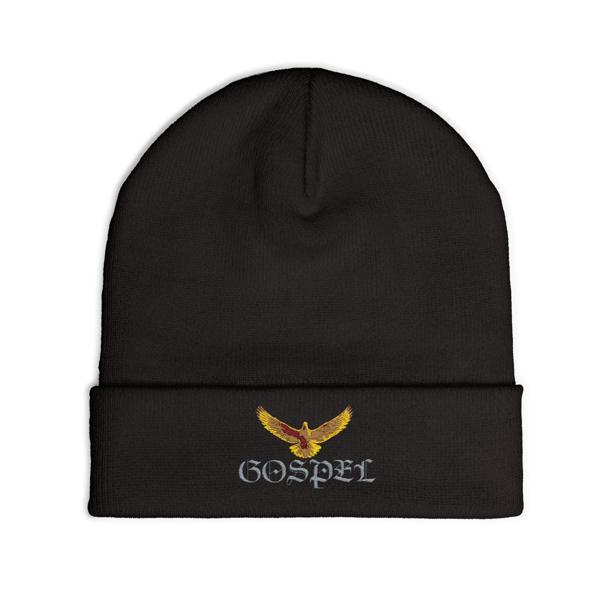 Embroidered Gold Eagle Knit Beanie — Cozy Winter Hat with Metallic Bird Design