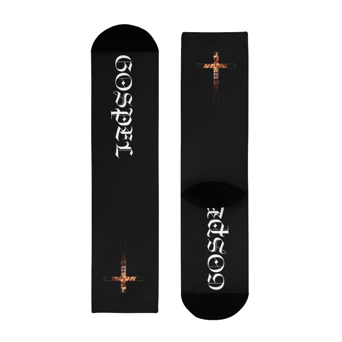 Gospel Cross Sublimation Crew Socks — Christian Faith Black Socks